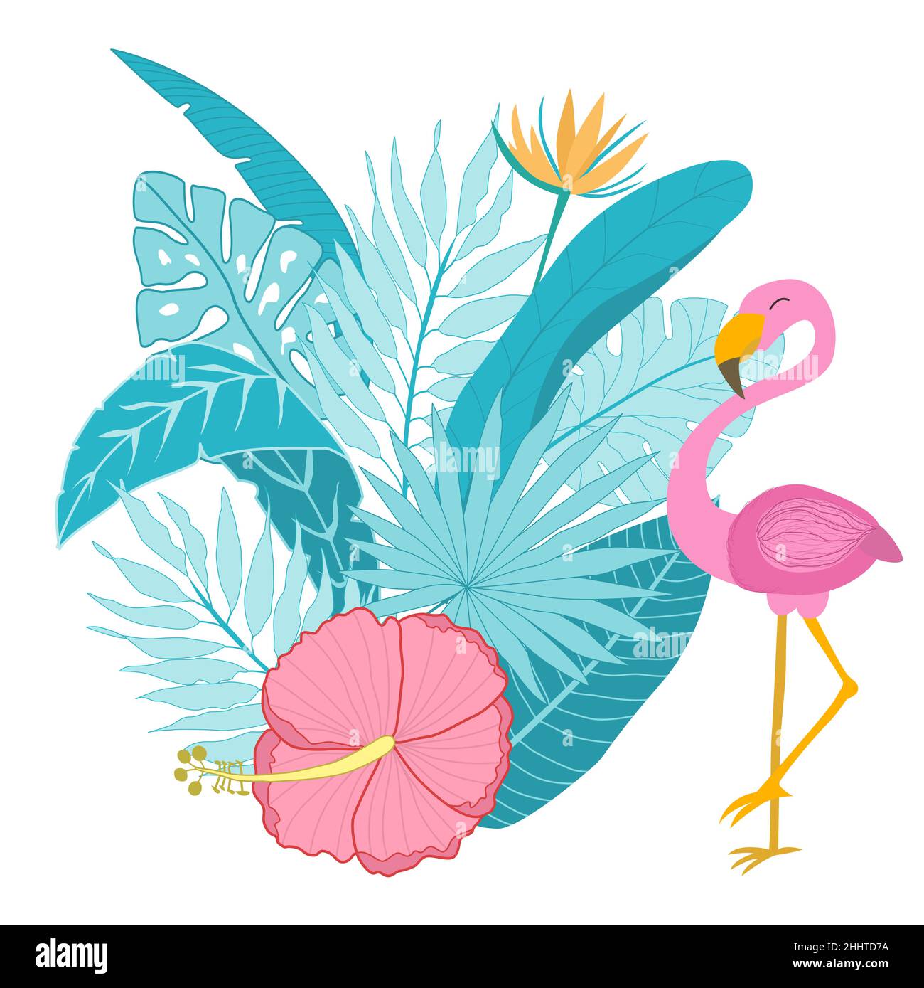 Cartoon flamingo character with tropical leaves and flowers composition ...