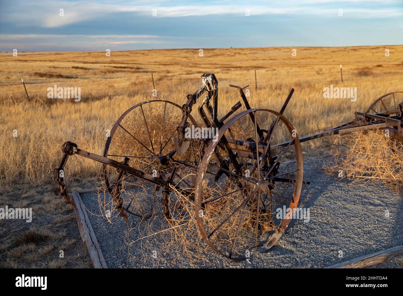 Aurora, Colorado - Homesteaders' farm implements at the Plains Conservation Center. The Center is an 1100-acre remnant prairie preserve, with a replic Stock Photo
