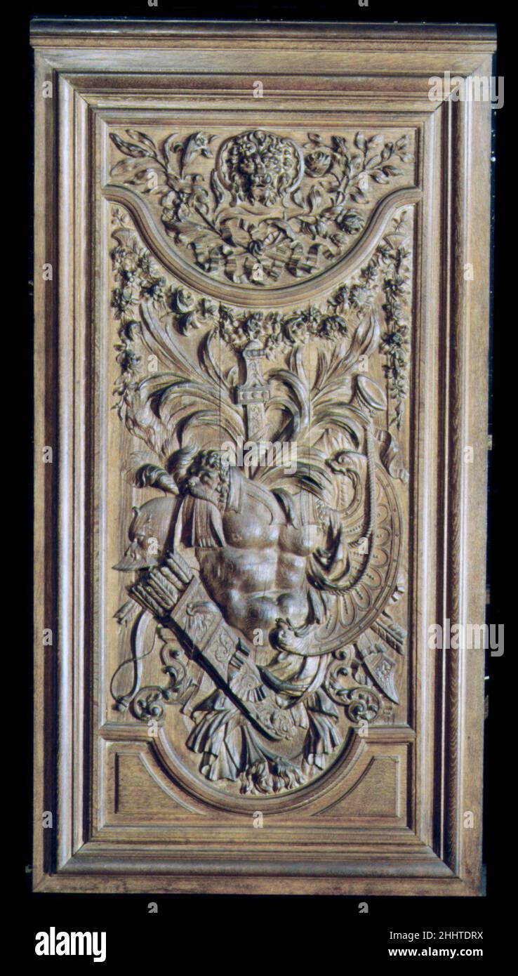 Panels (part of a set) last quarter 17th century French. Panels (part of a set). French. last quarter 17th century. Carved oak, originally painted and gilded. Woodwork Stock Photo