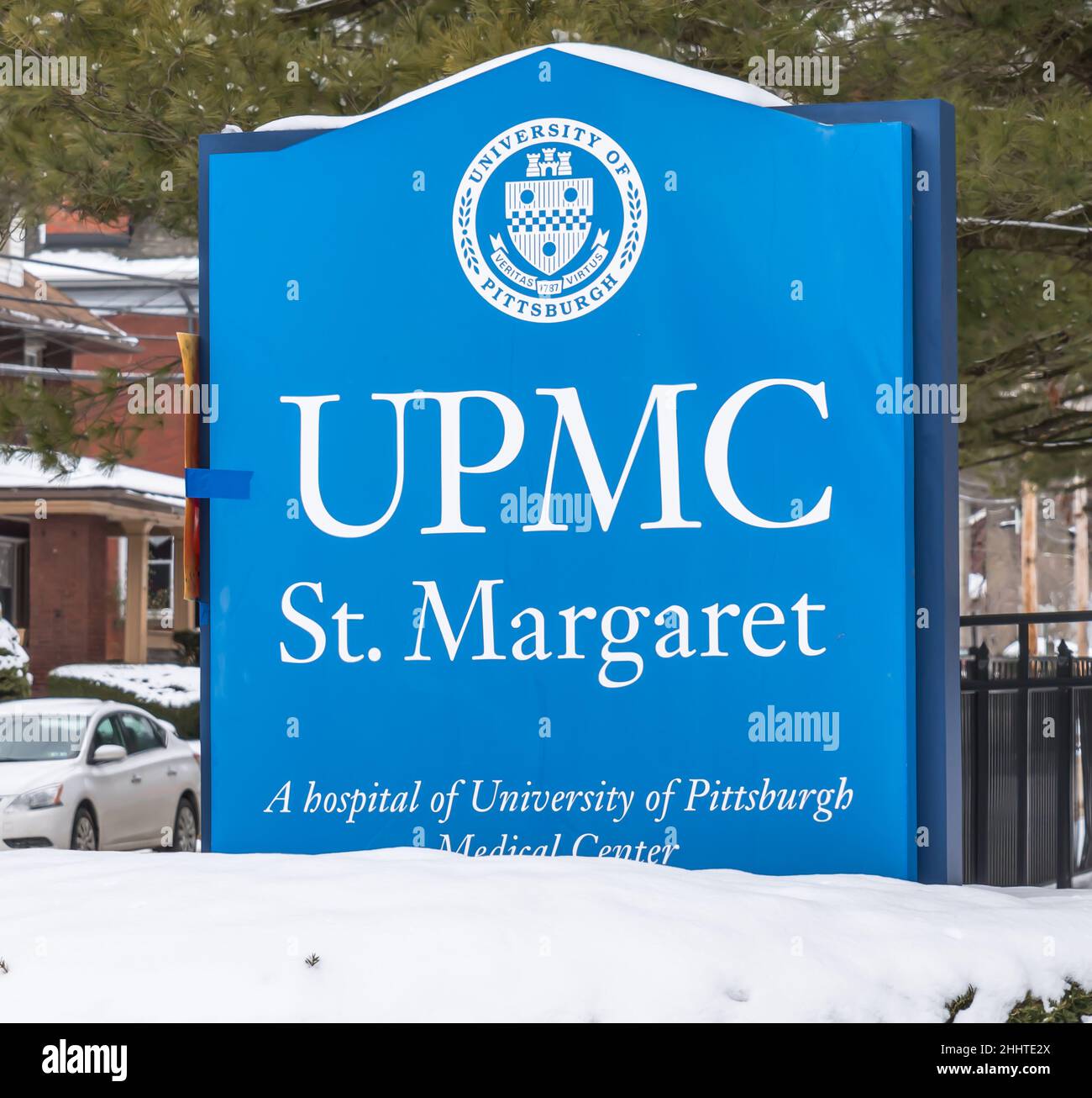 The UPMC St Margaret Hospital sign, a hospital of the University of