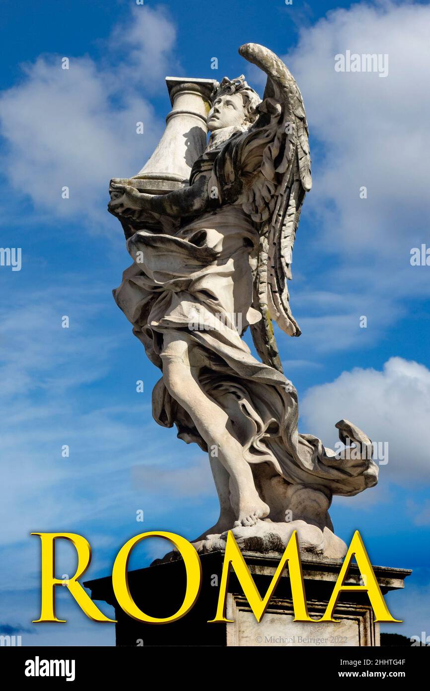 Poster of angel statue with column, Ponte Sant'Angelo, Rome, Italy Stock Photo