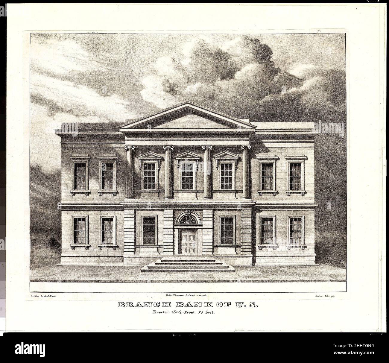 The Branch Bank of the United States, Wall Street, New York, Erected in 1825 (from Views of the Public Buildings in the City of New York Correctly Drawn on Stone by A. J. Davis, 1827) 1826–28 Anthony Imbert American. The Branch Bank of the United States, Wall Street, New York, Erected in 1825 (from Views of the Public Buildings in the City of New York Correctly Drawn on Stone by A. J. Davis, 1827). After Alexander Jackson Davis (American, New York 1803–1892 West Orange, New Jersey). 1826–28. Lithograph. Prints Stock Photo