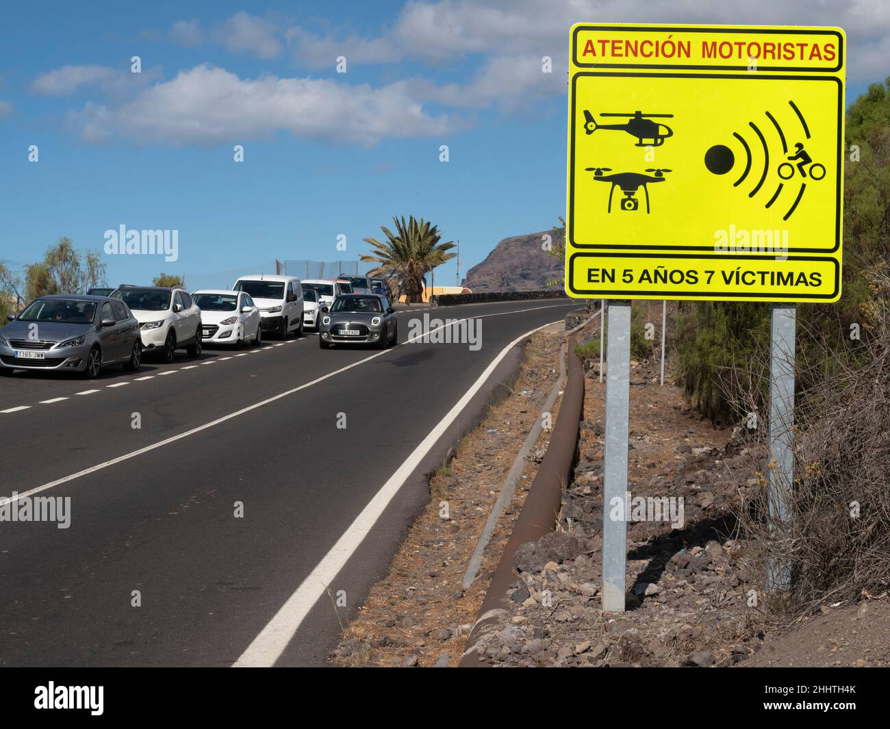 Puerto Santiago, Tenerife - speed warning signs on the TF-454 road near the Mirador de Archipenque, dangerous road. Stock Photo