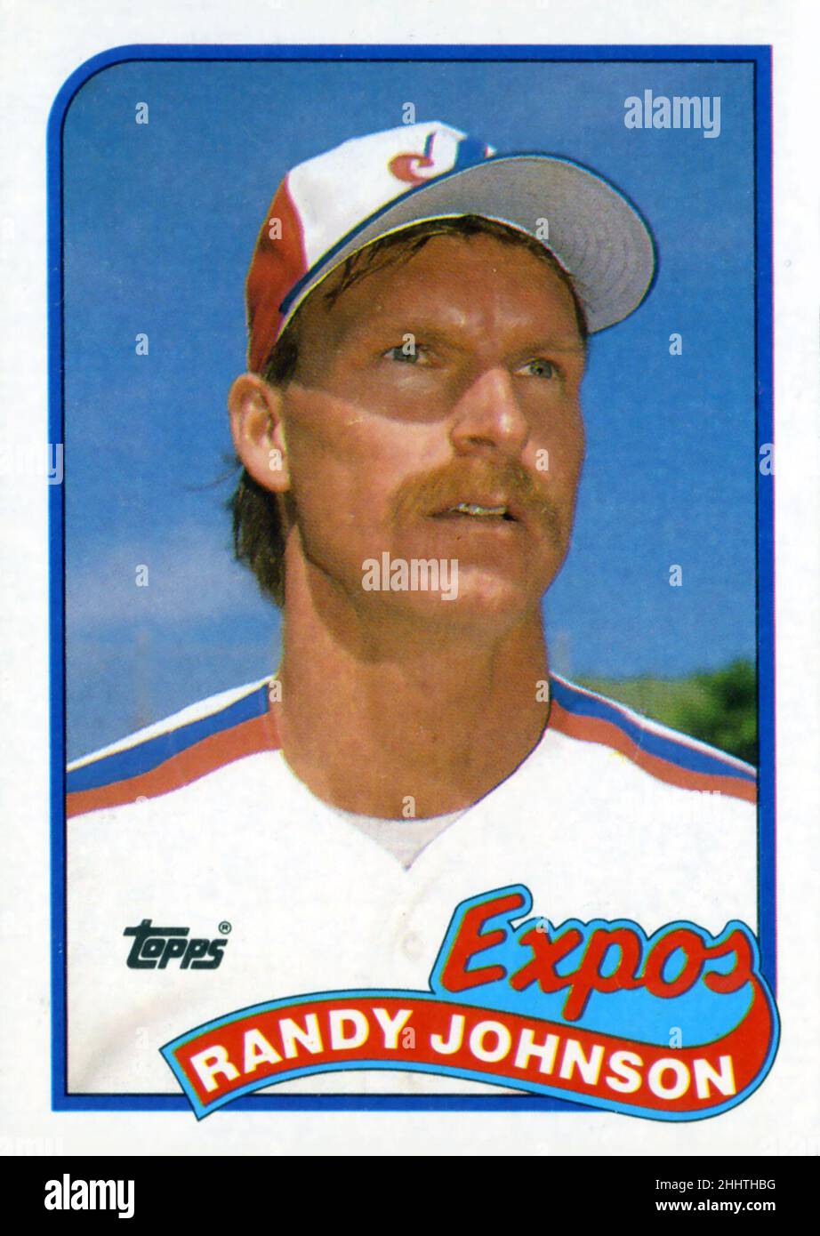 A 1989 Topps baseball card featuring Randy Johnson of the Montreal Expos. Stock Photo