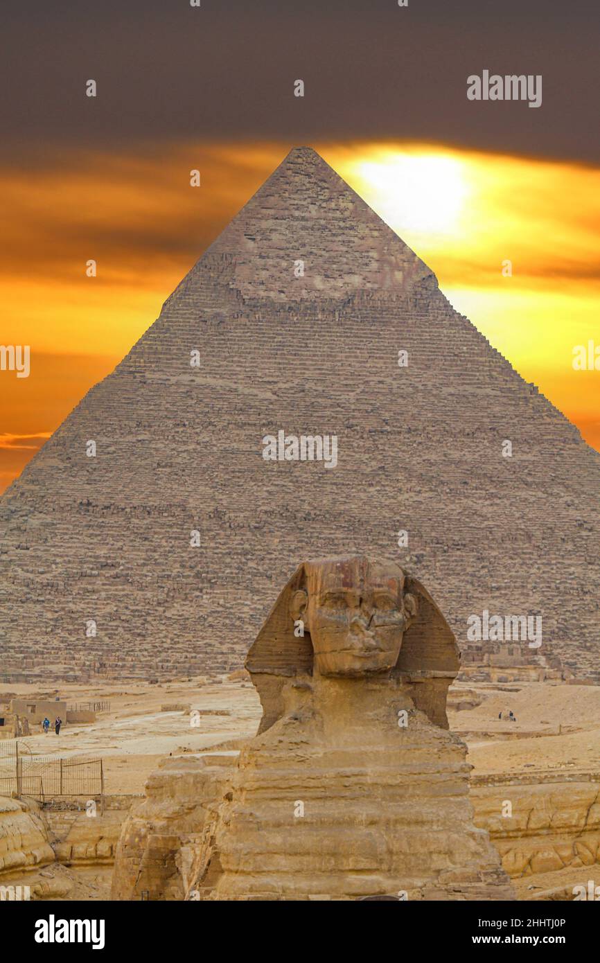Sphinx sculpture and the Cheops pyramid in Giza in Egypt Stock Photo ...