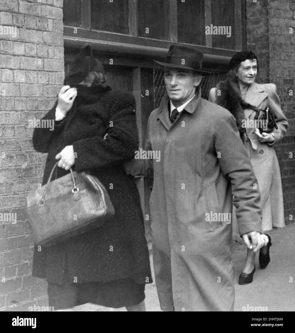 In 1944 Victoria Helen MacFarlane Duncan, a Scottish medium was best known as the last person to be imprisoned under the British Witchcraft Act of 1735.  Our Picture Shows ... Francis Brown, co-defendant with Helen Duncan in Old Bailey trial, charged with Conspiracy to contravene the Witchcraft Act 1735, Pretending to exercise conjuration, Causing money to be paid by false pretences and creating public mischief, pictured after the days hearing, London, Thursday 23rd March 1944. Stock Photo