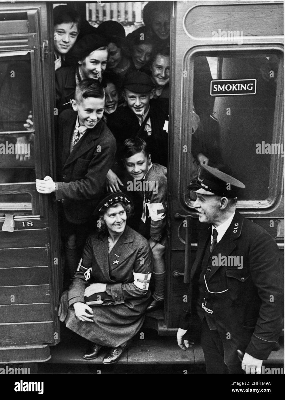 A carriage filled with evacuees waits for the guard to blow his whistle. 2nd September 1939 Stock Photo