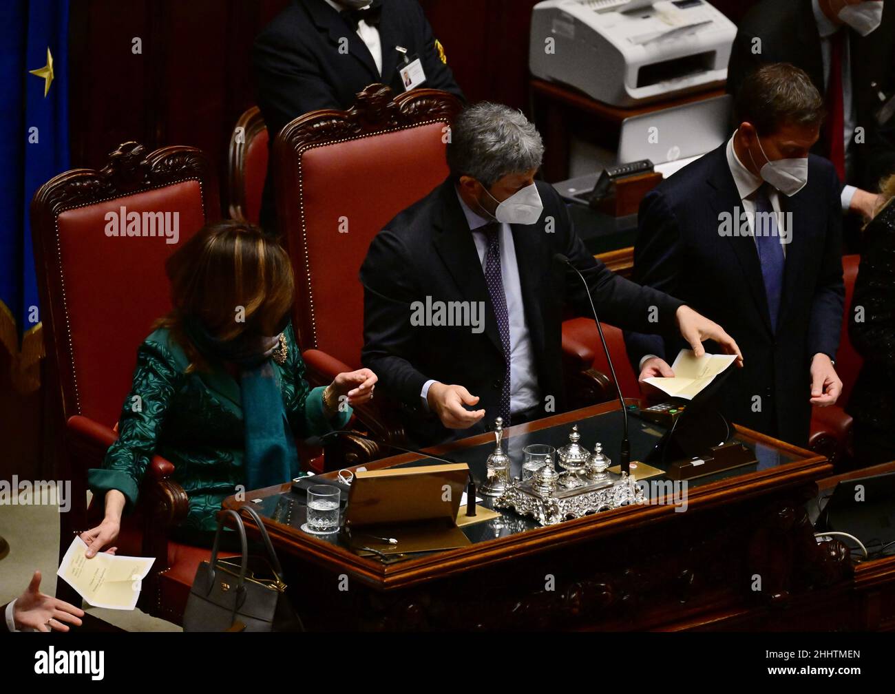 Rome, Italy. 25th Jan, 2022. Maria Elisabetta Alberti Casellati (1st L), president of the Italian Senate, and Roberto Fico (2nd L), president of the Italian Chamber of Deputies, count ballots during the second round of voting to elect Italy's new president in Rome, Italy, on Jan. 25, 2022. A second ballot to elect Italy's new president took place in the parliament on Tuesday, delivering no results as it occurred in the first round the previous day. Credit: Alberto Lingria/Xinhua/Alamy Live News Stock Photo