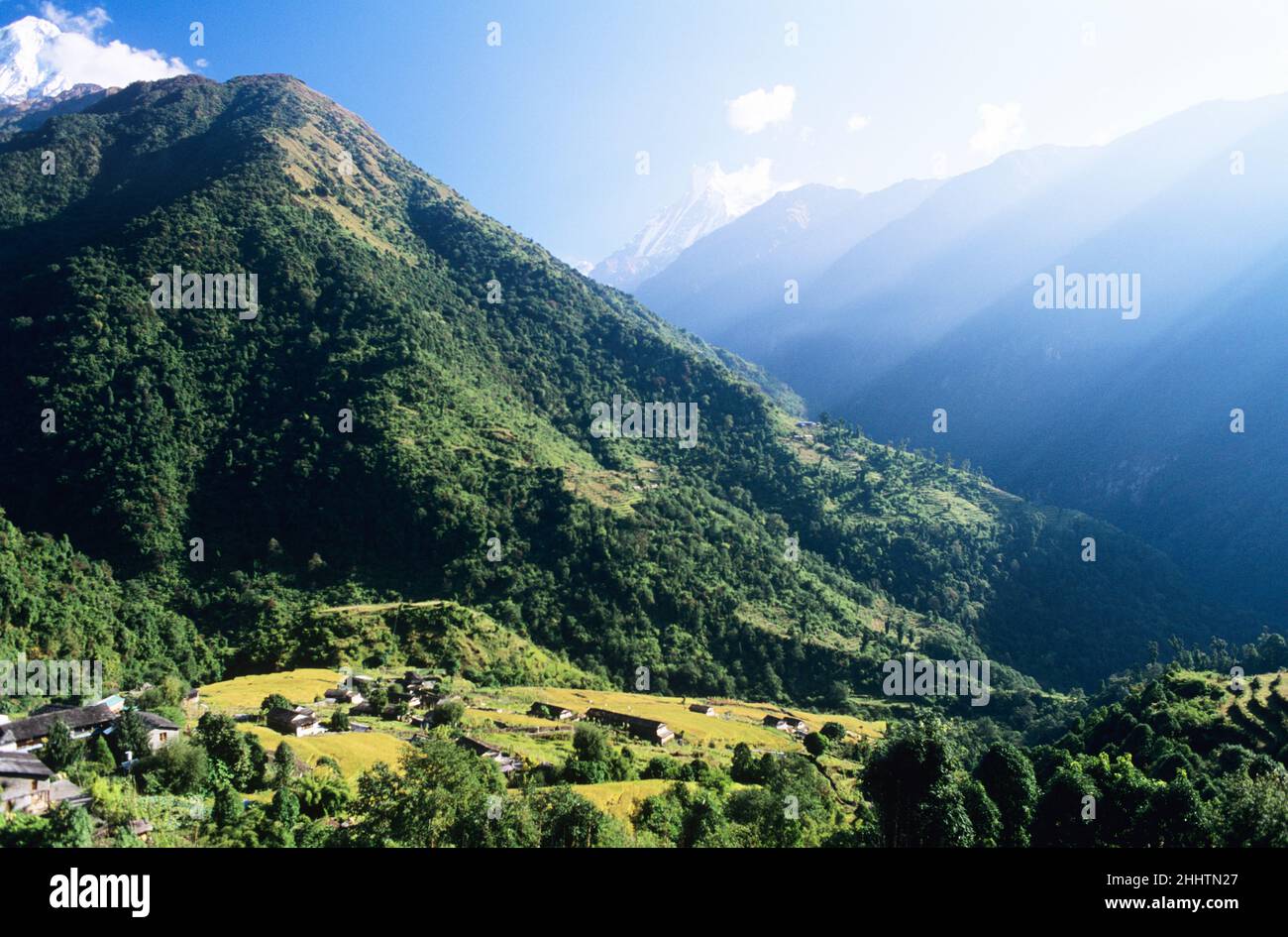 View of the village of Ghandruk with Machapuchare mountain in the ...