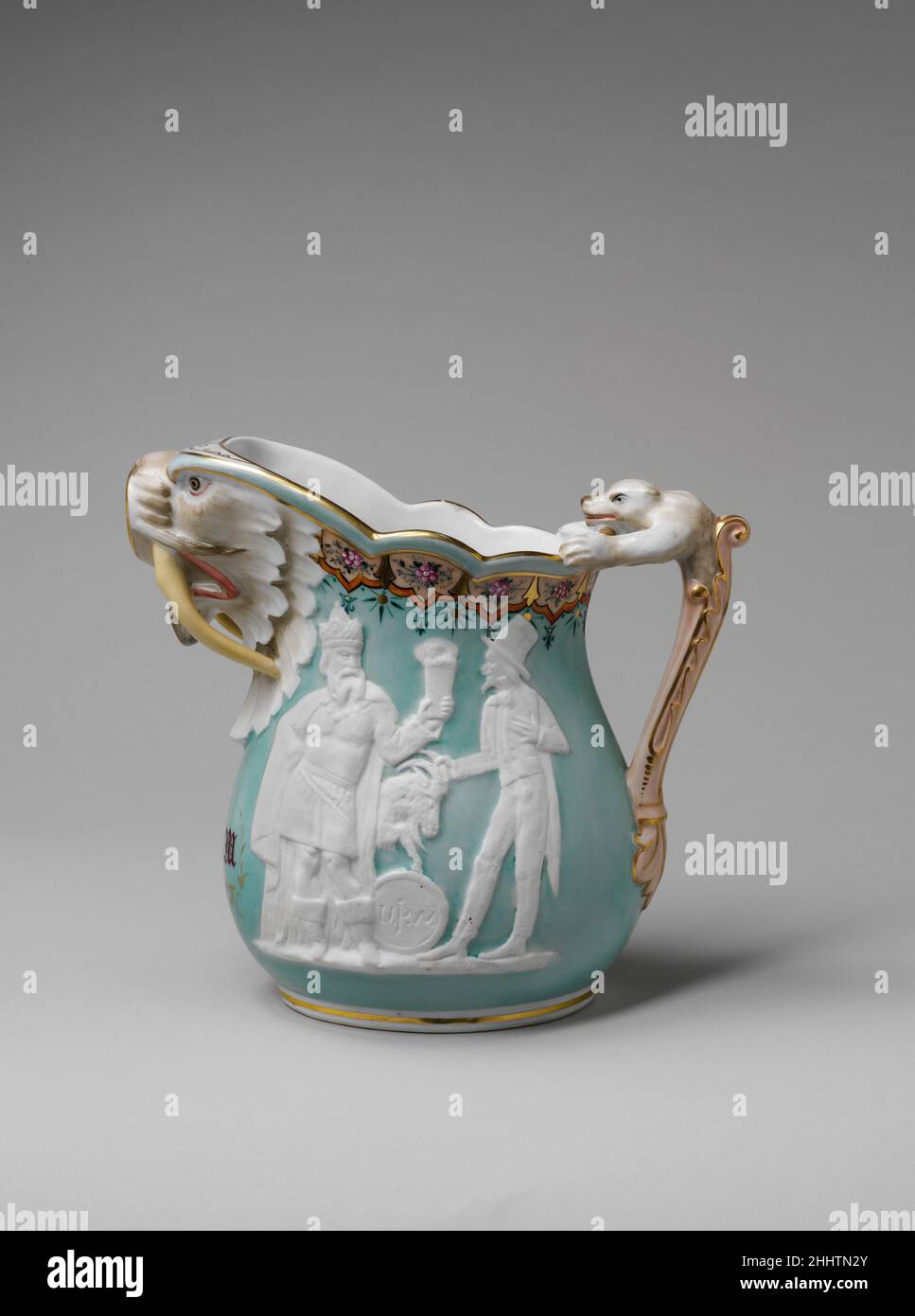 Pitcher 1875–85 Union Porcelain Works Bret Harte (1836-1902) rivaled Mark Twain in the field of late-nineteenth-century American popular literature. The decoration on one side of this pitcher is inspired by Harte’s 1870 poem, 'The Heathen Chinee,' satirizing the gambling life in California mining camps. On the front of the pitcher, the designer Karl Müller depicted Harte’s frontiersman Bill Nye confronting the Chinese immigrant, Ah Sin, during a card game. While the poem was written as an indictment of anti-Chinese racism, Harte’s message backfired, and the public read his emphasis on xenophob Stock Photo