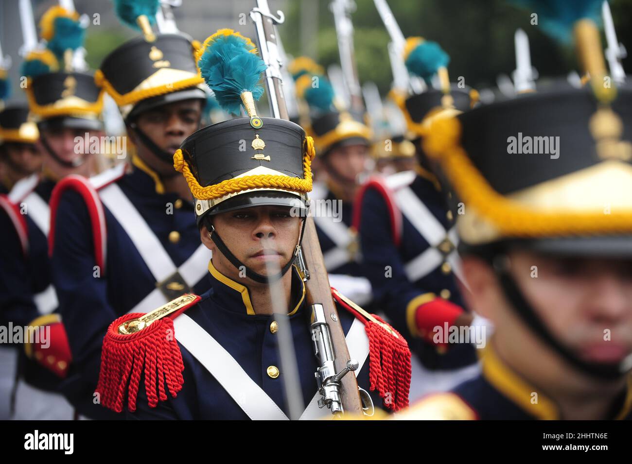 Military parade on Independence Day. Brazilian armed forces historical uniform troops marching on street Stock Photo