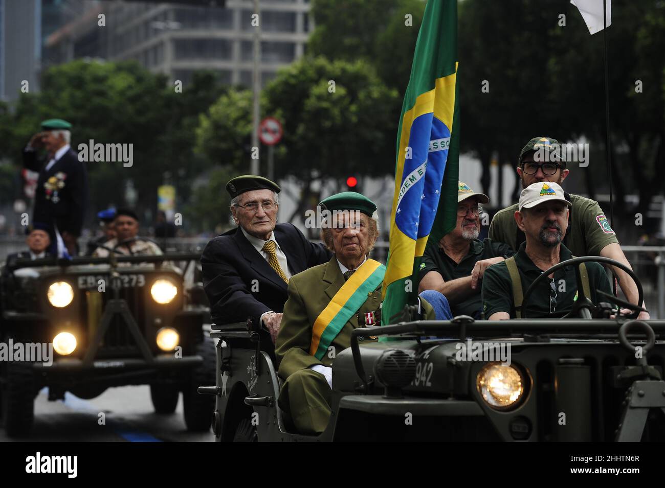 Military veterans parade on Independence Day. Tribute to brazilian armed forces retired troops from Second World War, marching on street Stock Photo