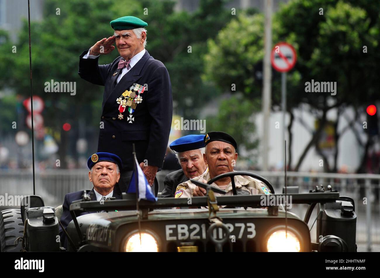 Military veterans parade on Independence Day. Tribute to brazilian armed forces retired troops from Second World War, marching on street Stock Photo