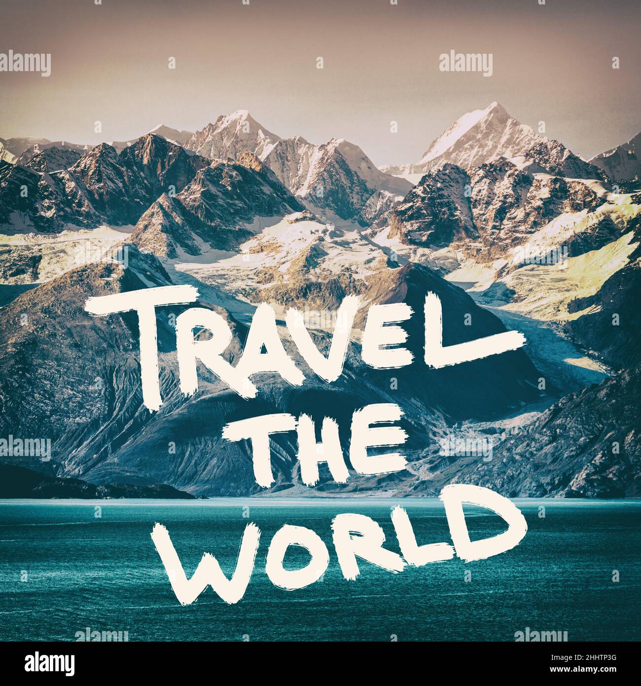 Travel the world inspirational quote on mountains nature landscape background. Adventure message to inspire people to go explore outside. Square crop Stock Photo