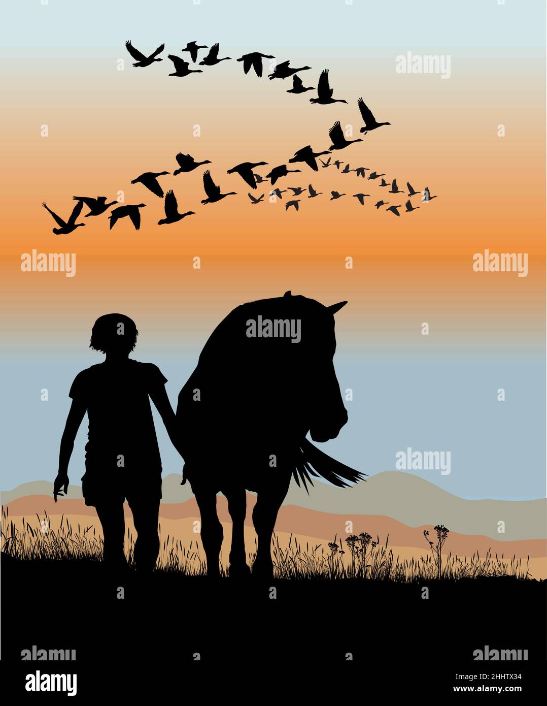 Silhouette of a woman and a horse Stock Vector