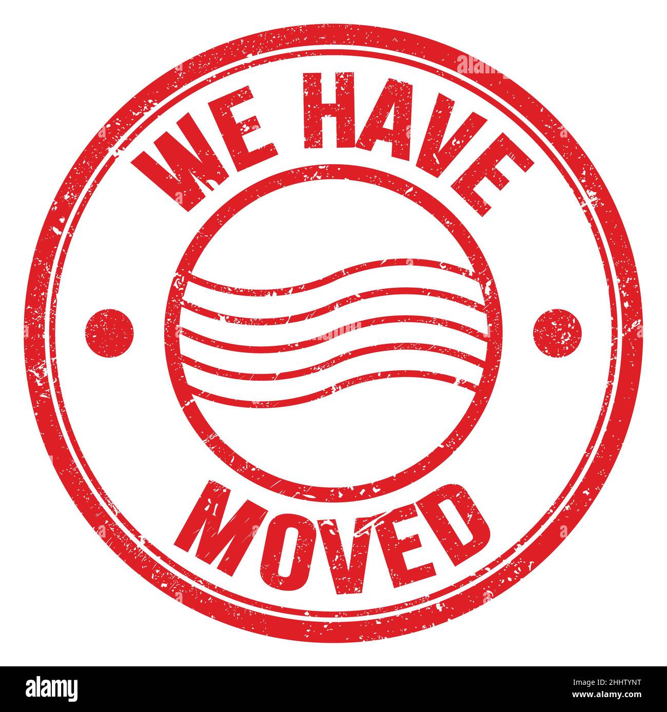 WE HAVE MOVED text written on red round postal stamp sign Stock Photo WE HAVE MOVED text written on red round postal stamp sign Stock Photo
