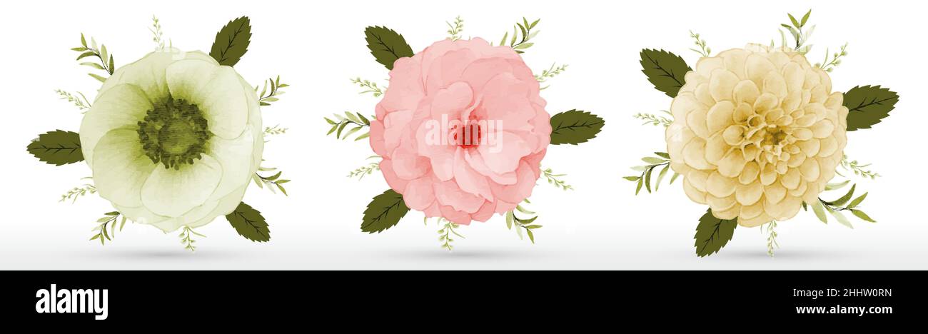 Set of rose bouquet watercolor isolated on white background Stock ...