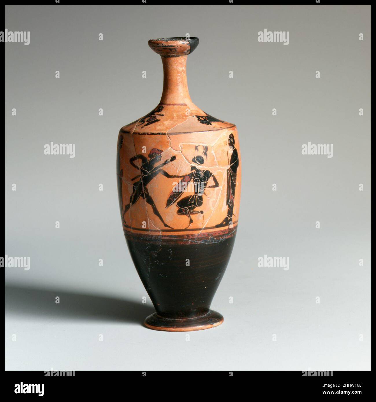 Terracotta lekythos (oil flask) ca. 500 B.C. Greek, Attic Herakles fighting Kyknos; on the shoulder, Herakles and the Lion. Terracotta lekythos (oil flask). Greek, Attic. ca. 500 B.C.. Terracotta; black-figure. Archaic. Vases Stock Photo