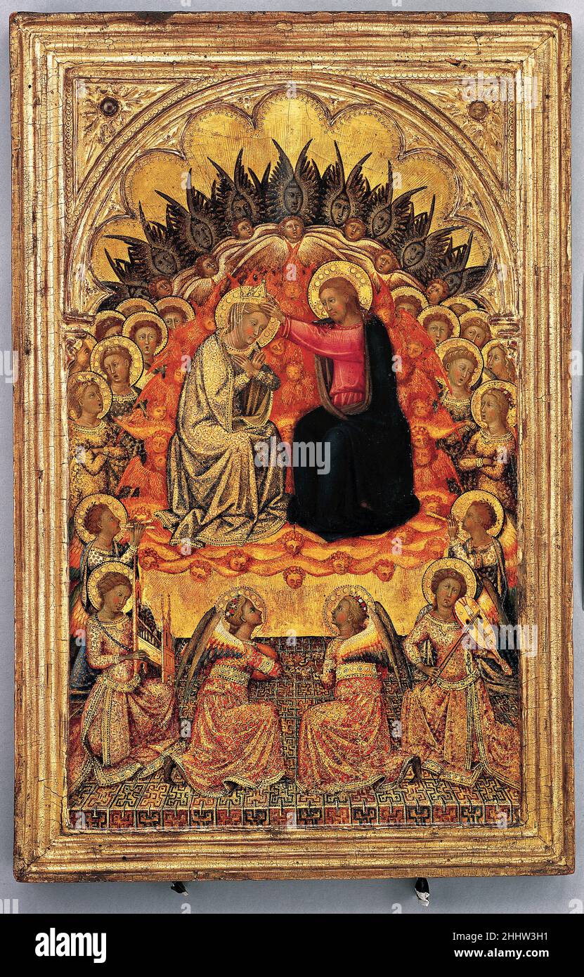 Engaged cassetta frame on a polyptych panel ca. 1380 Siena Siena Information on Niccolò di Buonaccorso (active 1356, d. 1388) is sparse, but this 'Coronation of the Virgin' is thought to be part of a portable altarpiece he painted circa1380. Two other panels with scenes from the life of the Virgin in a similar style and size and with similar frames are in the Uffizi, Florence and the National Gallery, London. The engaged frame on the Lehman panel has an intact patina. The London frame, unfortunately, no longer has its original surface. On all three frames there is no frieze between the ogee on Stock Photo