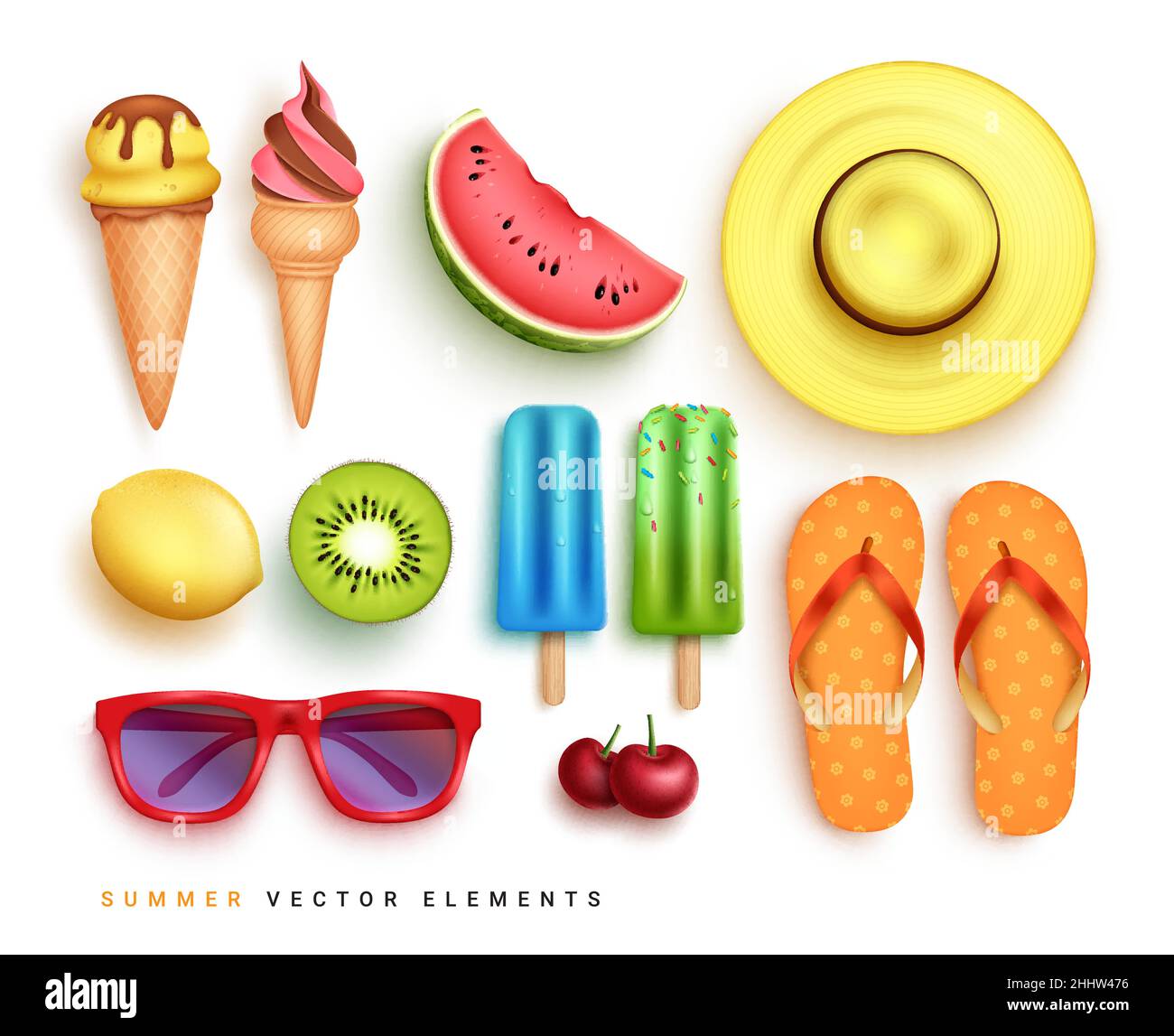 Summer elements vector set design. 3d realistic summer objects of ice cream, fruits, hat and flip flop isolated in white background for tropical. Stock Vector