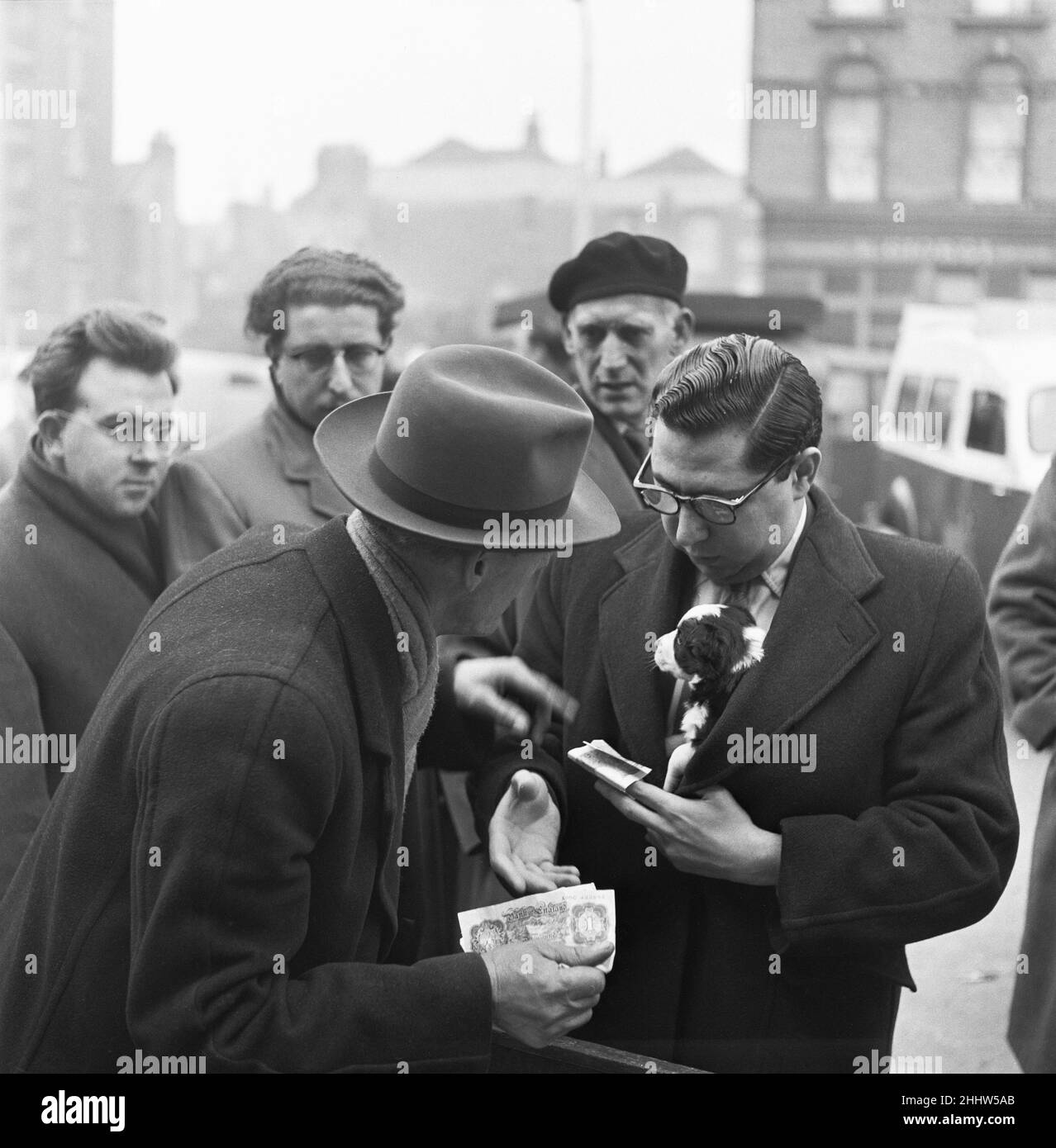 Puppies for sale at a stall in the flea market at Club Row, Bethnal Green, E1 London 1st March 1955 Stock Photo