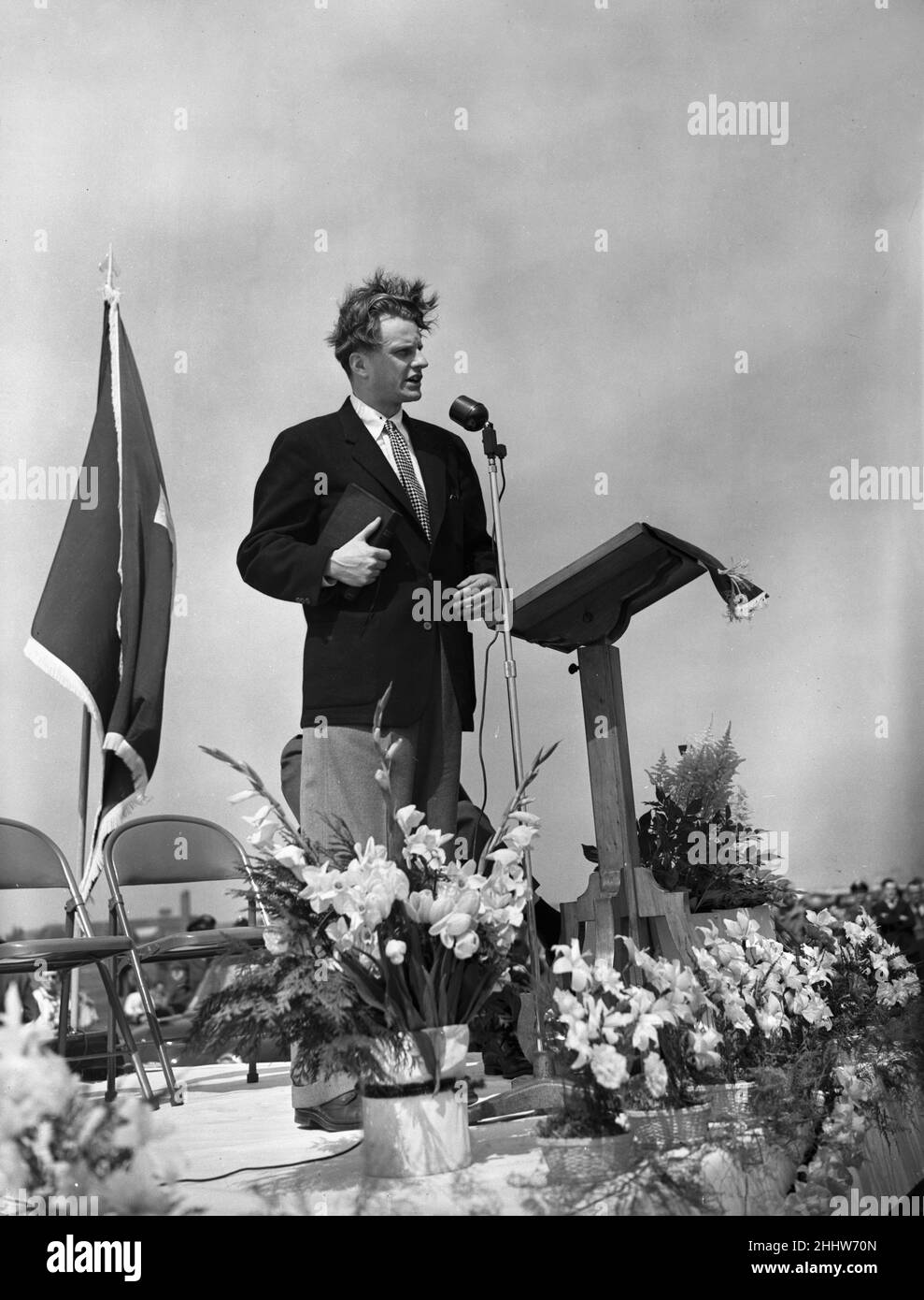 American evangelist Billy Graham visits Burtonwood in Lancashire to give a speech during his visit to England. 11th May 1954. Stock Photo
