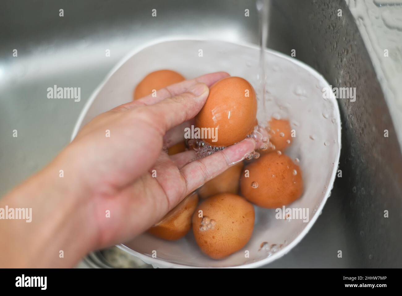 Wash the eggs, hand washing eggs on bowl at the sink clean chicken eggs