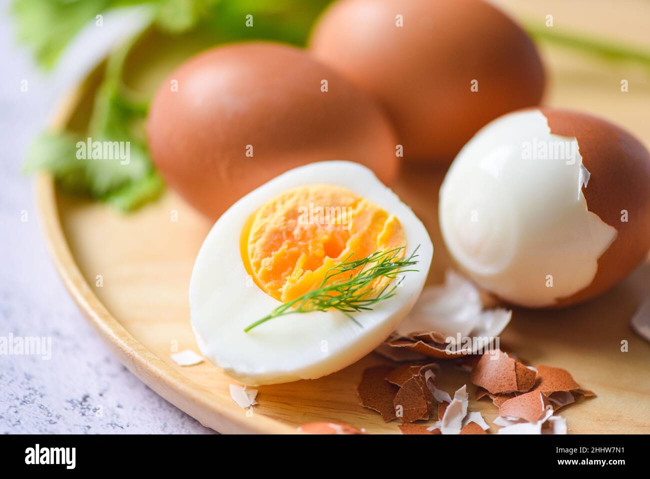 Eggs breakfast, fresh peeled eggs menu food boiled eggs in a wooden