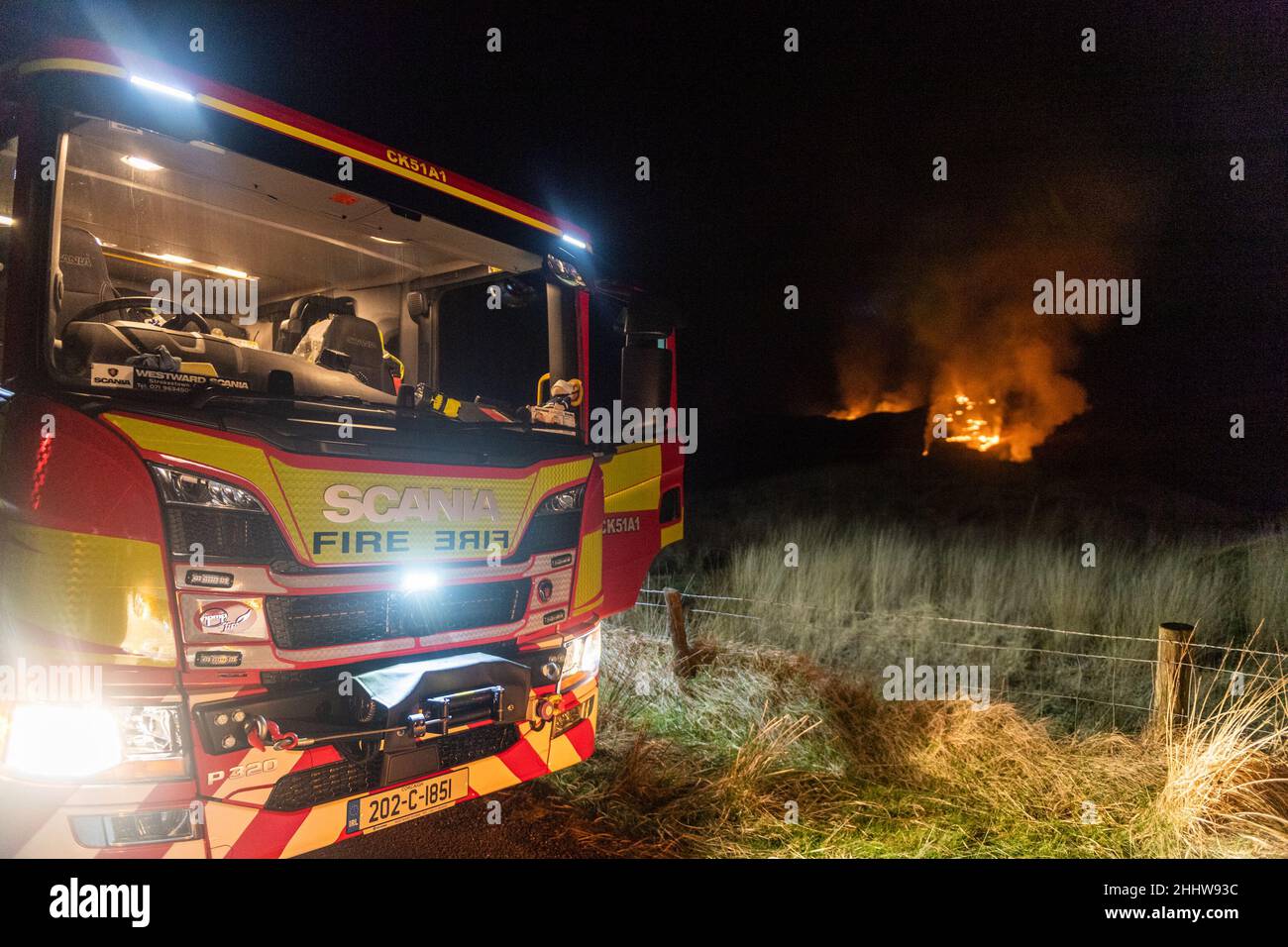 Sparrograda, West Cork, Ireland. 25th Jan, 2022. Four units of the Cork County Fire Brigade were called out to a large gorse fire last night at Sparrograda, between Ballydehob and Bantry. At its height, the fire front was 1KM wide but was extinguished at around midnight. Credit: AG News/Alamy Live News Stock Photo