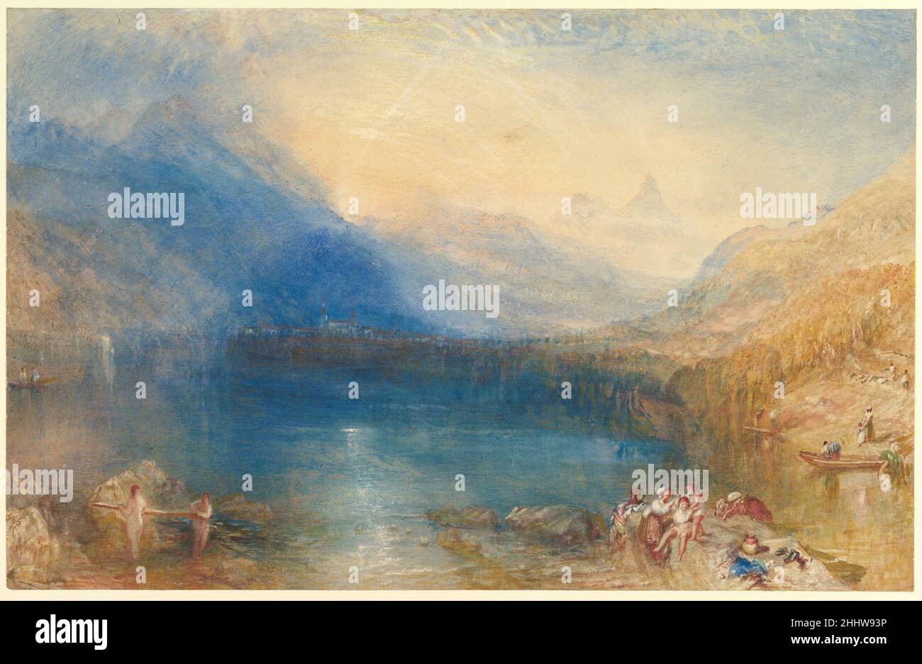 The Lake of Zug 1843 Joseph Mallord William Turner British Returning from an extended sojourn in the Swiss Alps, Turner solicited patrons for large watercolors to be based on sketches from the trip. This view was commissioned by Hugh Andrew Johnstone Munro of Novar in 1843, and was later owned by John Ruskin. Its accomplished rendering of light and atmospheric effects is characteristic of Turner's finest work. The drawing exhibits the technical prowess that made Turner both controversial and celebrated. The lake and mountains display successive applications of color—in dilute washes, drier wat Stock Photo