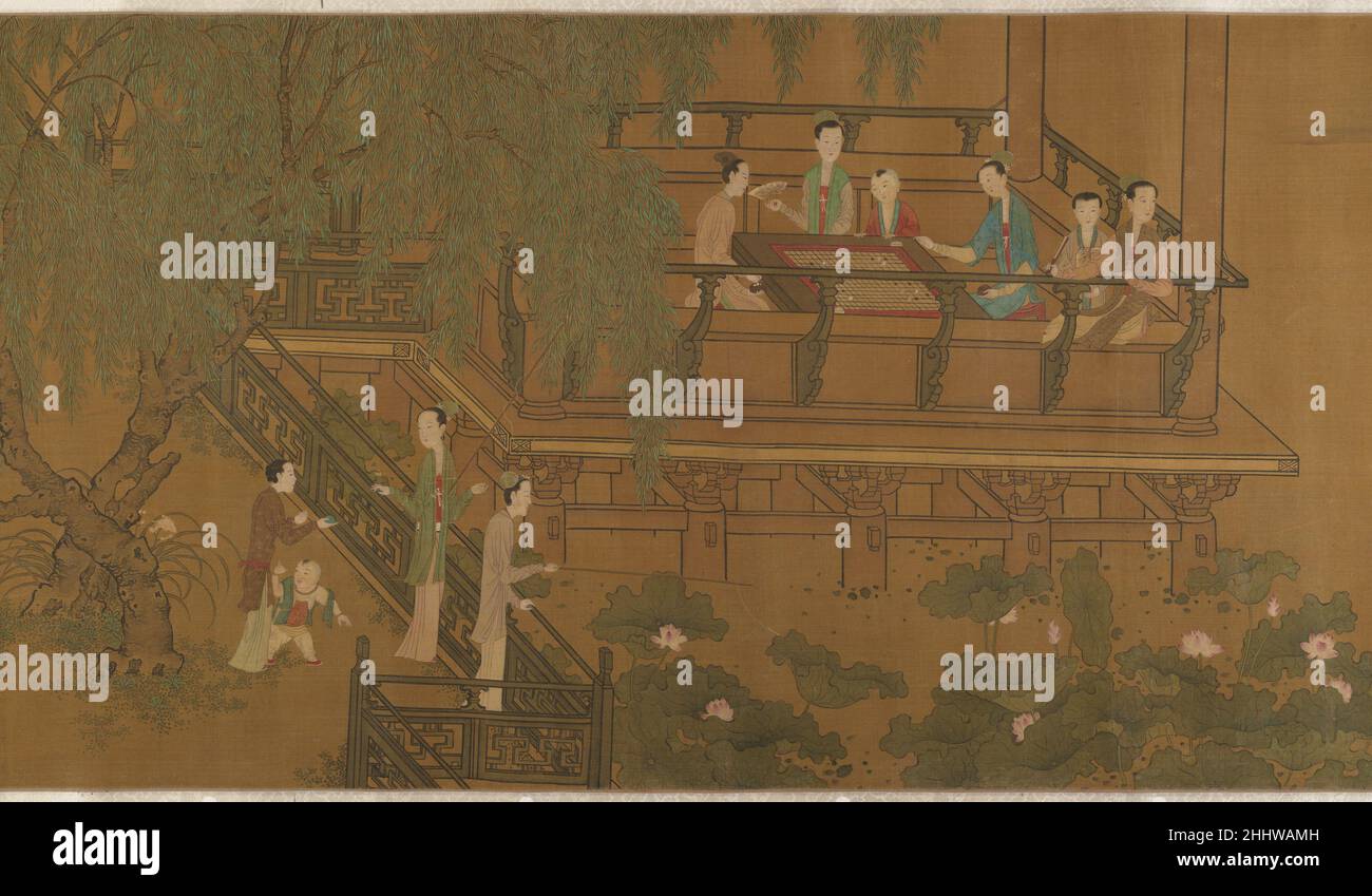 Women and children in a garden Unidentified artist Women and children gather in an elegant garden setting surrounded by a lotus pond in full blossom. The opening scene centers on a pair of women playing the board game weiqi in a waterside pavilion. Toward the end of the scroll, a second vignette shows a woman readying to play a zither prepared by her attendant. Weiqi and music are two of the “four perfections,” a set of abilities considered de rigeur for the scholarly elite. Presumably, the scroll once contained vignettes featuring the other two—calligraphy and painting—that have been lost.. W Stock Photo