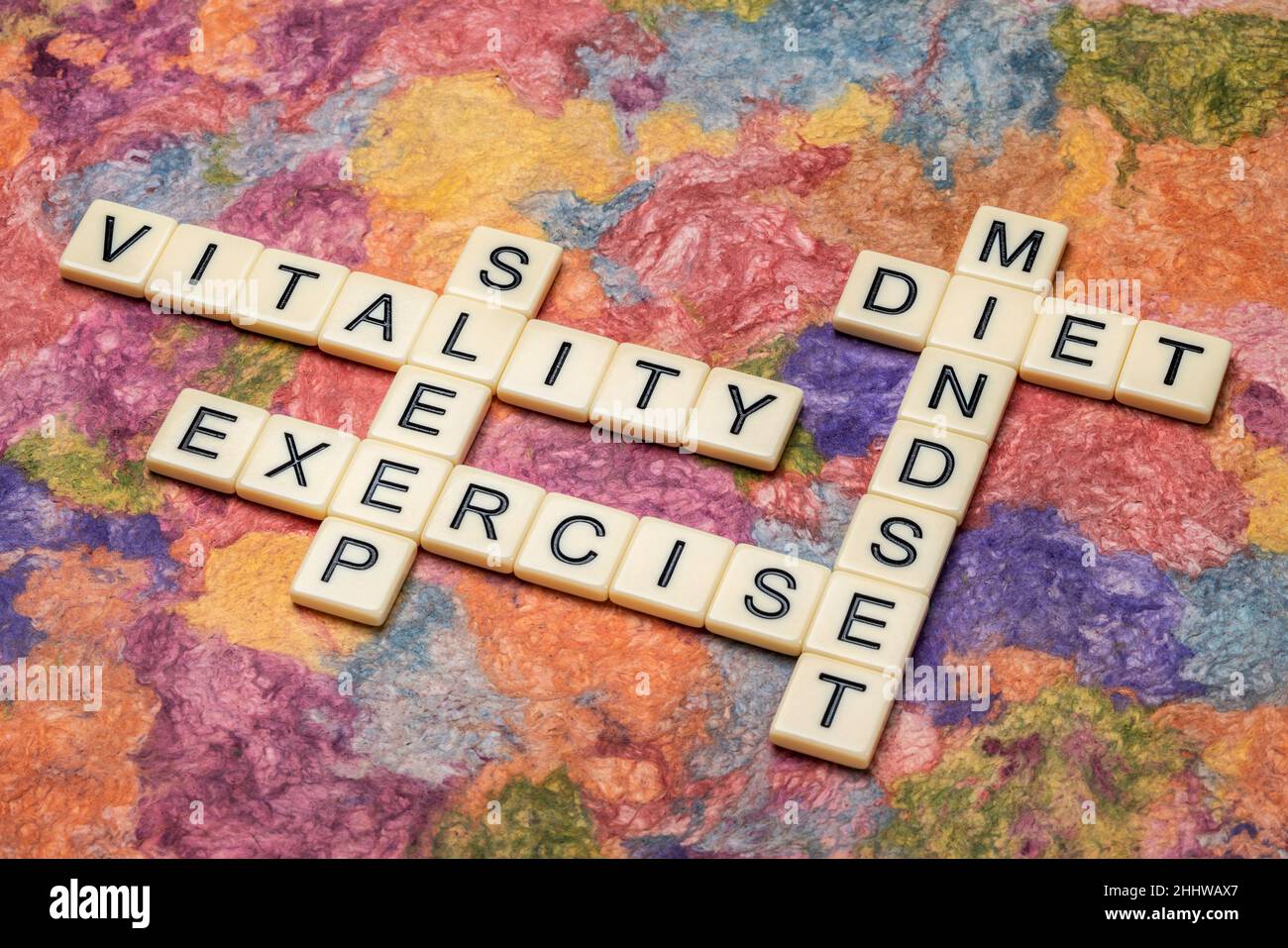 vitality, mindset, exercise, diet and sleep crossword in ivory letter