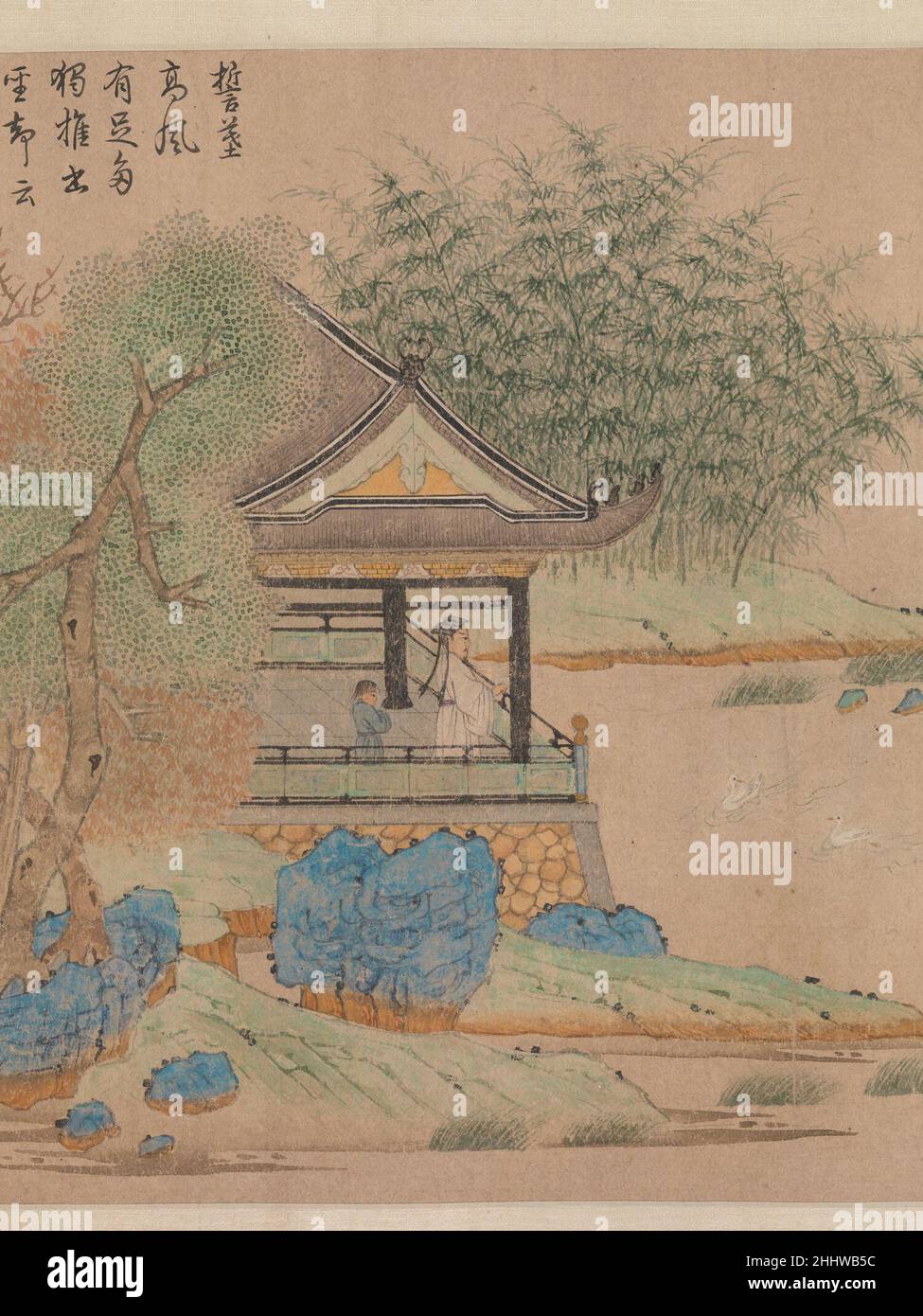 Wang Xizhi watching geese ca. 1295 Qian Xuan Chinese After the fall of Hangzhou, the Southern Song capital, in 1276, the artist Qian Xuan chose to live as an yimin, a “leftover subject” of the dynasty. Painted in his deliberately primitive “blue-and-green” style, this handscroll illustrates the story of Wang Xizhi (  303 – 361), the calligraphy master of legendary fame and a practitioner of Daoist alchemy, who was said to derive inspiration from natural forms such as the graceful neck movements of geese. In creating a dreamlike evocation of antiquity, the artist prevented a realistic reading o Stock Photo