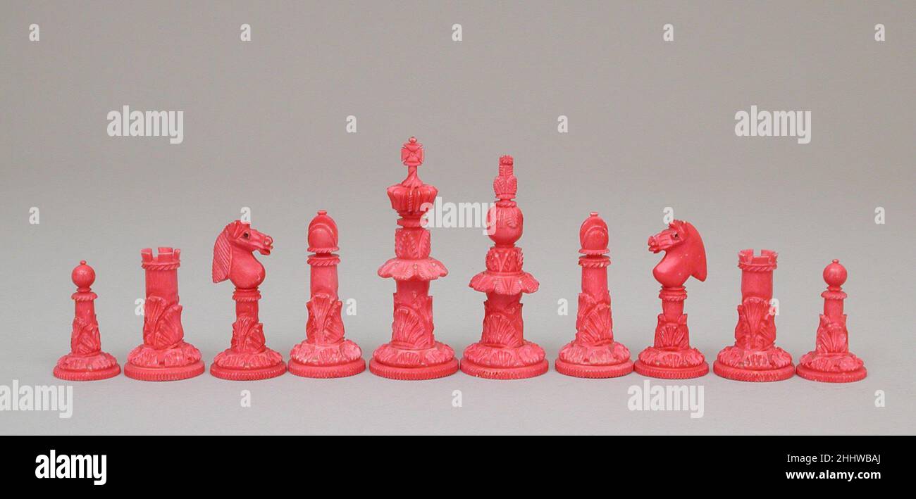 Chess pieces: 32 red and white ivory pieces without board., Complete number  of pieces of a chess game. Sixteen cut ivory pieces that have been made red  with a dyestuff: these are