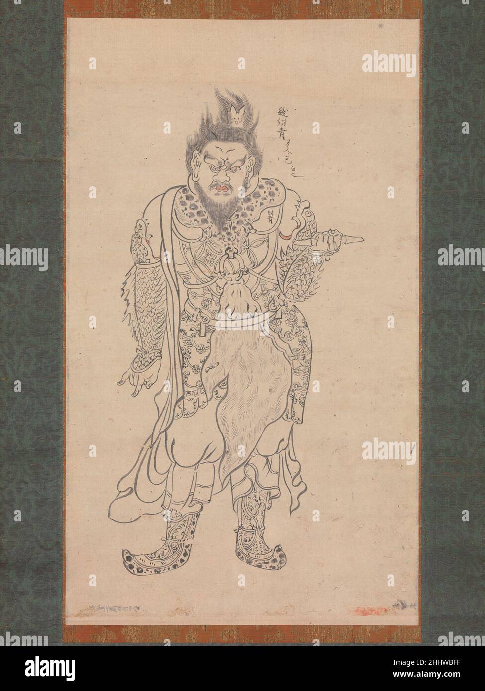 Anchira-taisho Jochi 1164 Japan The subject of this iconographic drawing, which originally belonged to Kōzanji, a temple in the mountains northwest of Kyoto, is generally identified as General Anchira (Andira in Sanskrit), one of the twelve guardian generals who dedicated themselves to the Yakushi (Bhaishajyaguru) Buddha. The twelve generals are usually crowned with the twelve animals of the zodiac; here, Anchira has a rabbit on his head.The drawing was executed with exceptional care. According to a document accompanying the scroll, it was copied by Jōchi from a Chinese model in 1164. Inscript Stock Photo