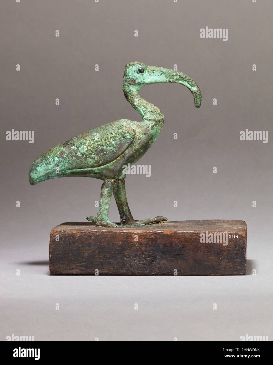 Ibis on a wooden base 664–30 B.C. Late Period–Ptolemaic Period This ibis has a fine head, and stands on an ancient wooden base also appears unusual. Two mortises on the underside indicate the base was reused anciently, probably from a striding god to judge from the placement of the mortises.. Ibis on a wooden base  552995 Stock Photo