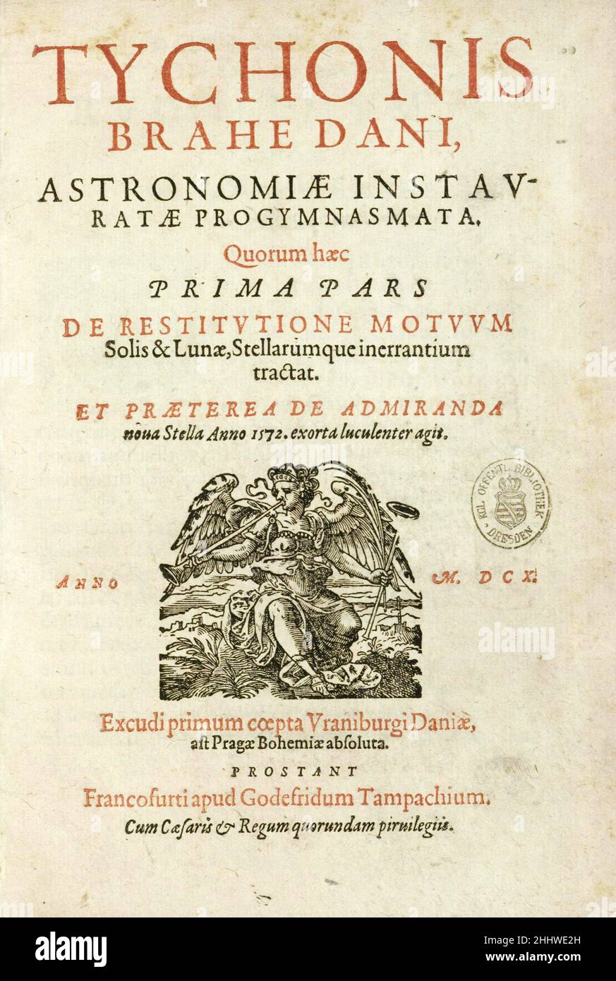 The front cover of the 1610 edition of Tycho Brahe's Astronomiae Instauratae Progymnasmata  (Introduction to the New Astronomy). Stock Photo