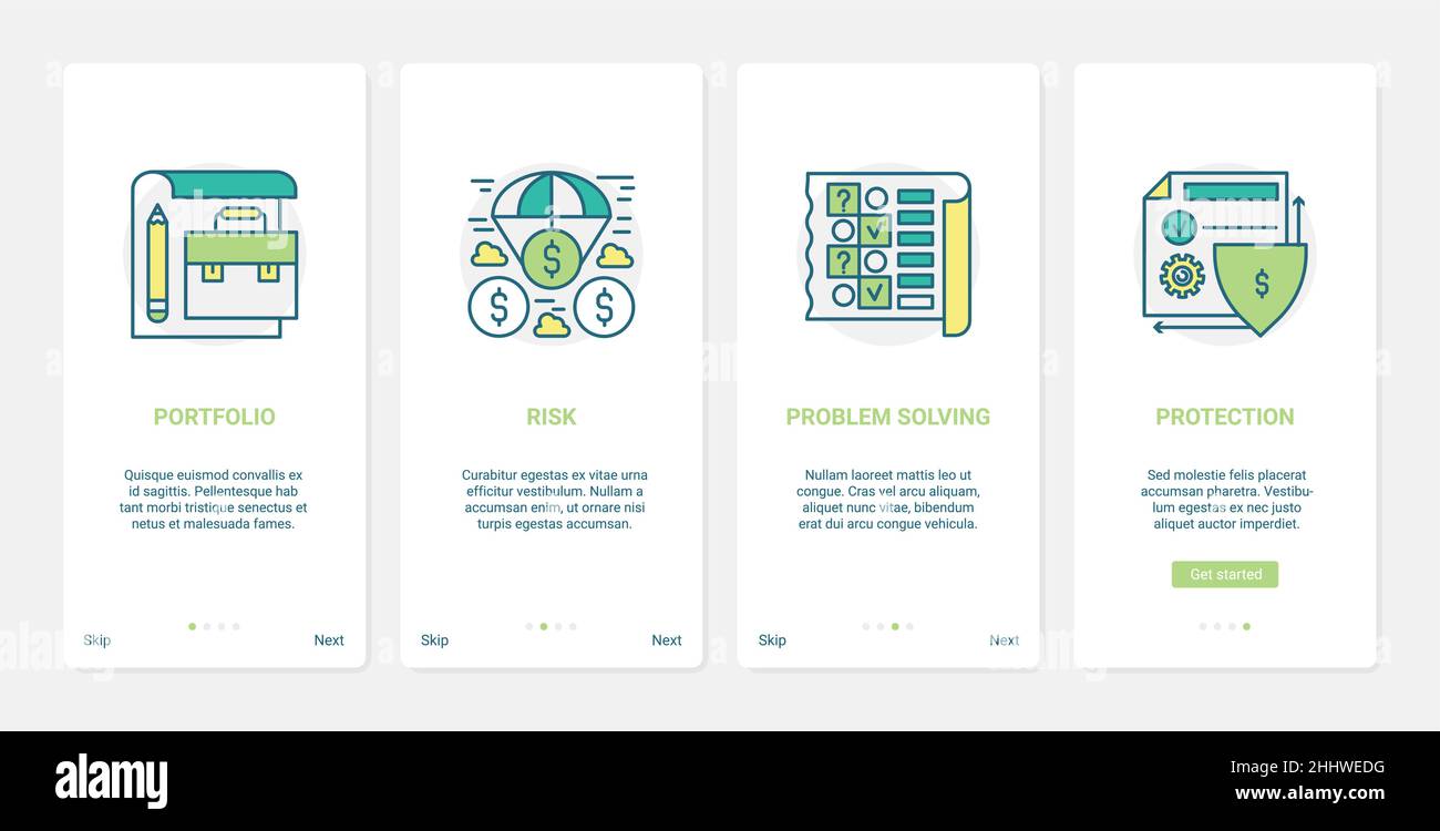 Finance problem solving technology vector illustration. UX, UI onboarding mobile app page screen set with line financial risk stability shield protect Stock Vector