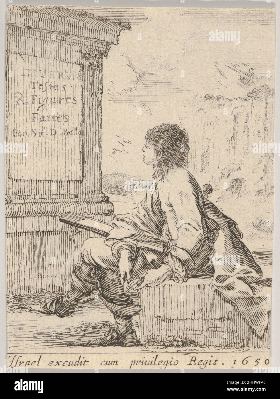 Plate 1: a young man sitting on a stone, facing left in profile, holding a drawing pad in his lap and a pen in his left hand, a pedestal with title to left and ruins to right in the background, title page from 'Various heads and figures' (Diverses têtes et figures) 1650 Stefano della Bella Italian. Plate 1: a young man sitting on a stone, facing left in profile, holding a drawing pad in his lap and a pen in his left hand, a pedestal with title to left and ruins to right in the background, title page from 'Various heads and figures' (Diverses têtes et figures)  412246 Stock Photo