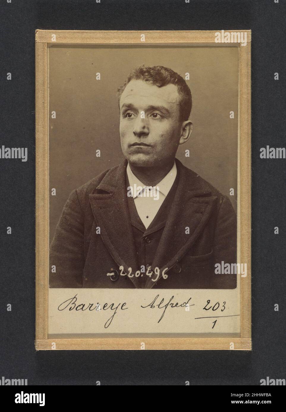 Barreyre. Alfred. 30 ans, né le 30/6/64 à Brassac (P. de Dôme). Gérant de restaurant. Anarchiste. 2/7/94. 1894 Alphonse Bertillon Born into a distinguished family of scientists and statisticians, Bertillon began his career as a clerk in the Identification Bureau of the Paris Prefecture of Police in 1879. Tasked with maintaining reliable police records of offenders, he developed the first modern system of criminal identification. The system, which became known as Bertillonage, had three components: anthropometric measurement, precise verbal description of the prisoner’s physical characteristics Stock Photo