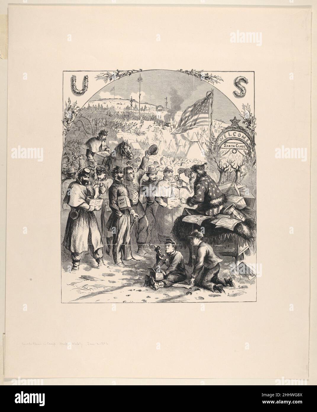 Santa Claus in Camp (published in 'Harper's Weekly,' January 3, 1863) originally published 1863 Thomas Nast American, born Germany Nast's image was published in the 1862 Christmas issue of Harper’s Weekly, during days filled with both trials for the Union and rising hope. Santa Claus has arrived by sleigh in a Union army camp to distribute gifts. This was the moment that Nast conceived and introduced our modern image of Santa Claus. Combining European traditions of St. Nicholas with folk images of elves from his native Germany, he created the jolly gift-giver now associated with Christmas that Stock Photo