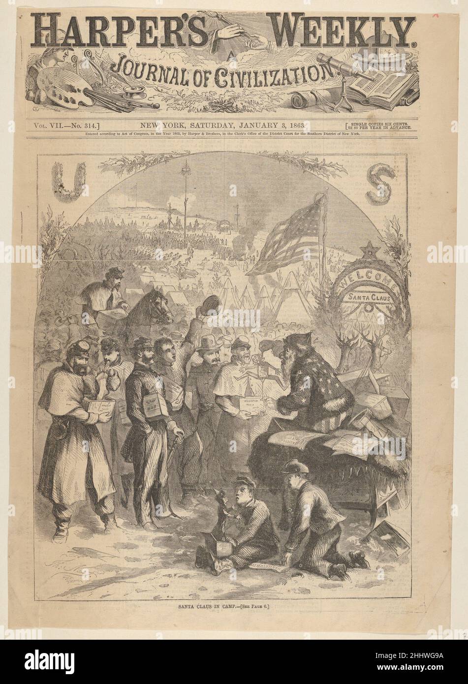 Santa Claus in Camp (from 'Harper's Weekly') January 3, 1863 Thomas Nast American, born Germany Nast's image was published in the 1862 Christmas issue of Harper’s Weekly, during days filled with both trials for the Union and rising hope. Santa Claus has arrived by sleigh in a Union army camp to distribute gifts. This was the moment that Nast conceived and introduced our modern image of Santa Claus. Combining European traditions of St. Nicholas with folk images of elves from his native Germany, he created the jolly gift-giver now associated with Christmas that here offers cheer to soldiers far Stock Photo