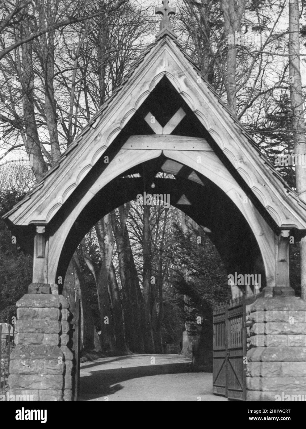 Lych Gate at Brecon Cathedral, Brecon, a market town and community in Powys, Mid Wales, 15th April 1955. Brecon Cathedral is the cathedral of the Diocese of Swansea and Brecon in the Church in Wales and seat of the Bishop of Swansea and Brecon. Stock Photo