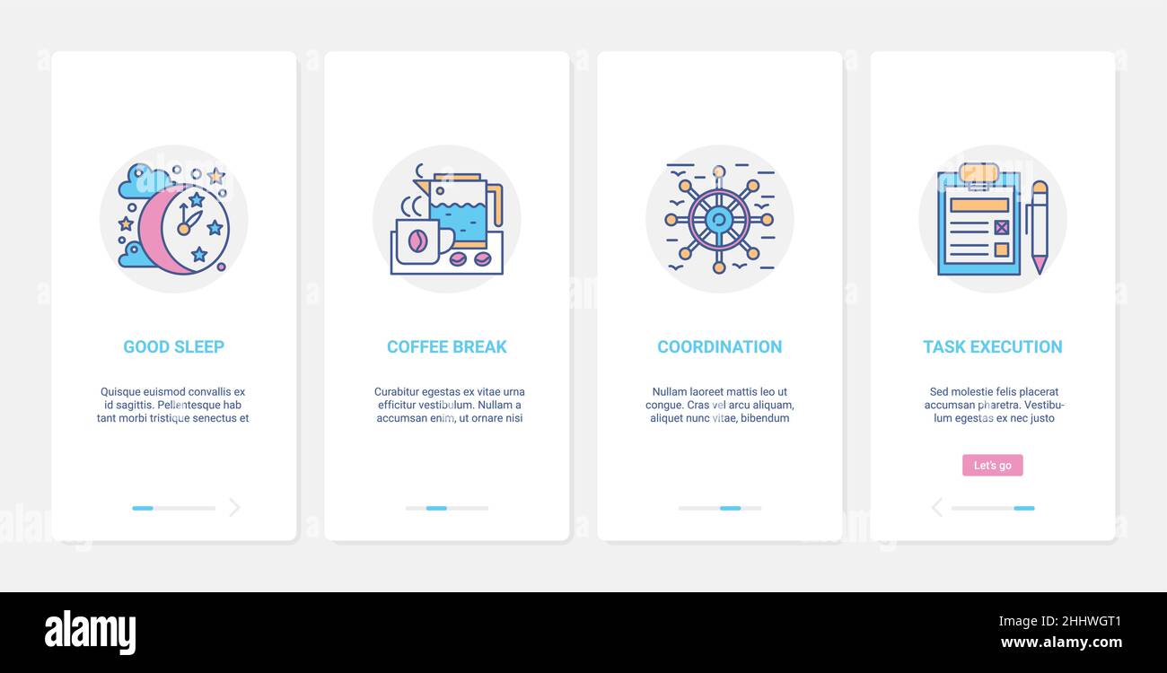 Business management, time coordination execution concept vector illustration. UX, UI onboarding mobile app page screen set with line coordinating task Stock Vector