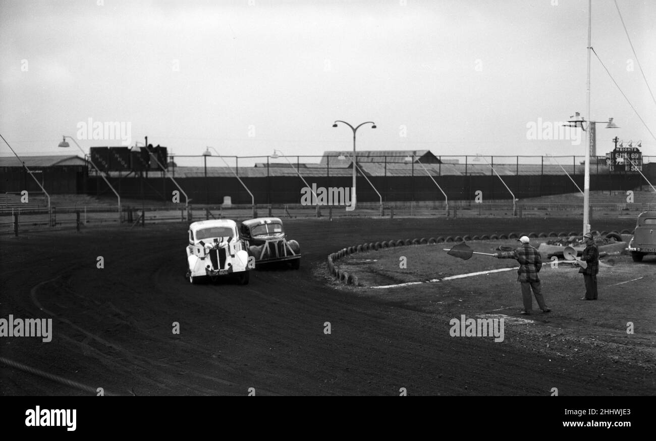 Stock Car Racing, practice session, New Cross Stadium, Hornshay Street, Old Kent Road, London, 17th March 1954. Stock Photo
