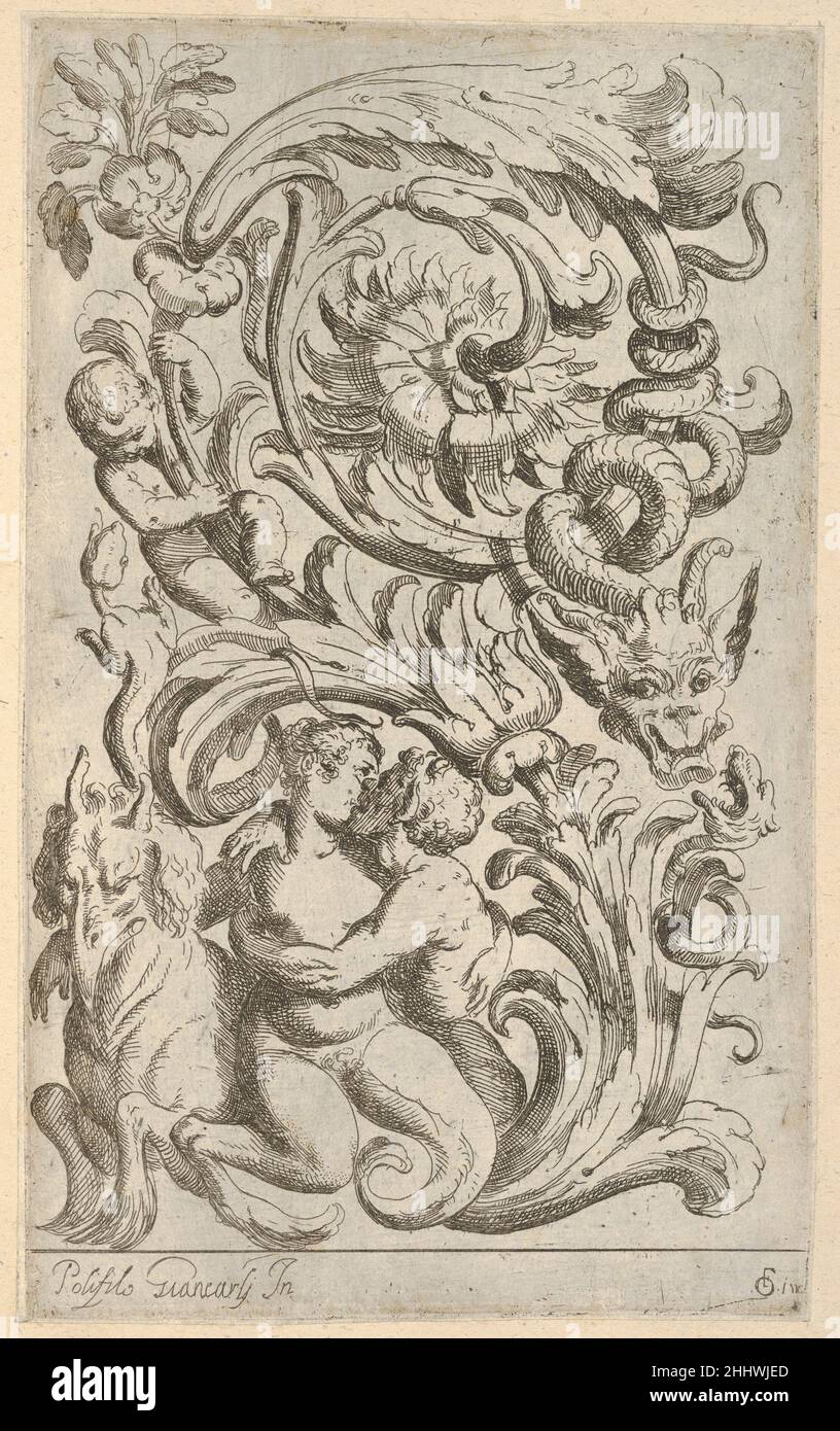 Disegni Varii di Polifilo Zancarli 1628 before Polifilo Giancarli Italian Vertical panel design with an acanthus rinceau with various figures interspersed between the scrolls. On the lower left a satyr and a female hybrid creature are kissing while seated on the back of a fantastical creature with horns and a birds beak. A putto looks down on them from up in the acanthus scroll. On the right two snake-like creatures with grotesque heads encircle the scrolls.. Disegni Varii di Polifilo Zancarli  410944 Stock Photo