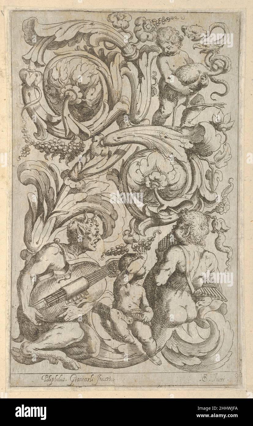 Disegni Varii di Polifilo Zancarli 1628 before Polifilo Giancarli Italian Vertical panel design with an acanthus rinceau with various figures. The lower half shows a satyr, a putto and a male hybrid creature with musical instruments. On the top right a putto is depicted standing on the acanthus scroll, looking down, while holding a bird-like monster with a long neck, around which a snake has wound its body.. Disegni Varii di Polifilo Zancarli  410957 Stock Photo