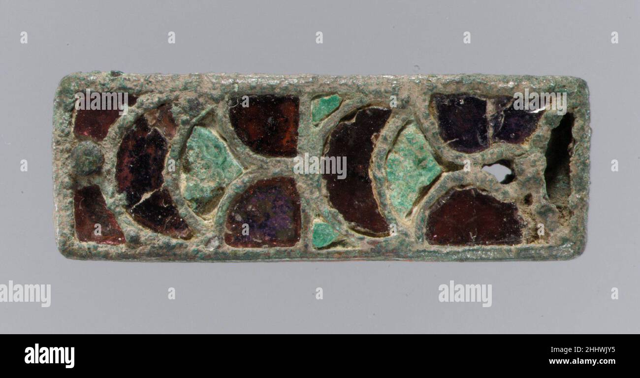 Rectangular Mount second half 6th century Visigothic. Rectangular Mount. Visigothic. second half 6th century. Copper alloy, garnets, malachite (efflourescence in HCl). Metalwork-Copper Stock Photo