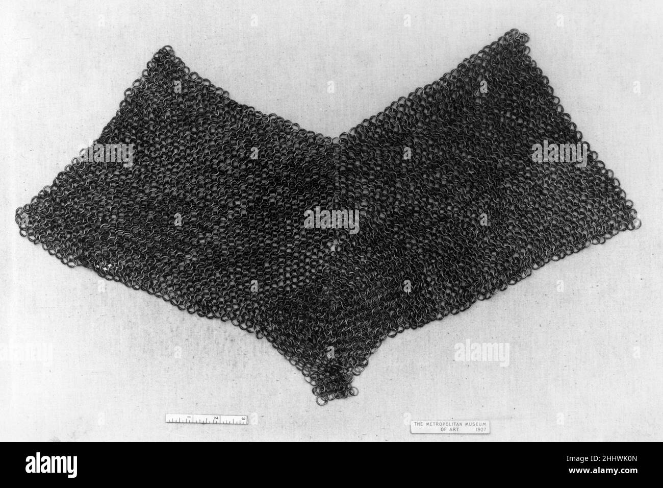 Brayette 16th century German From about the third century B.C. through the early fourteenth century A.D., mail, also called chain mail, was the predominant and most effective type of body armor known in Europe. From about the mid-fifteenth century onward, mail was used in conjunction with full plate armor to fill the gaps between plates. Separate mail sleeves were made to be worn with a cuirass (breastplate and backplate); shaped panels of mail called gussets, covered the armpits or the crooks of the elbows and were attached to arming jackets, garments specially tailored to be worn under armor Stock Photo