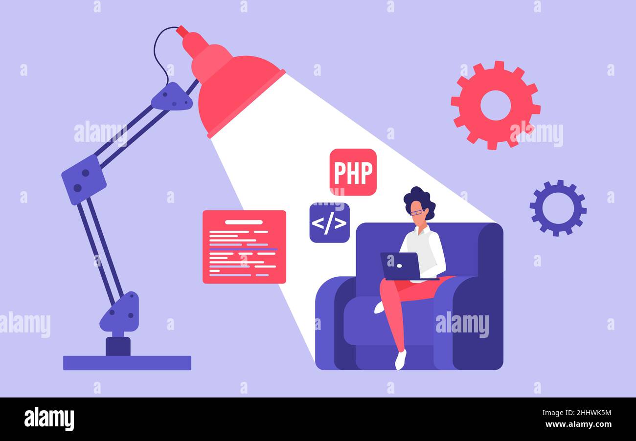 Web engineering work vector illustration. Cartoon software engineer character programming website, freelance programmer working on laptop sitting in a Stock Vector